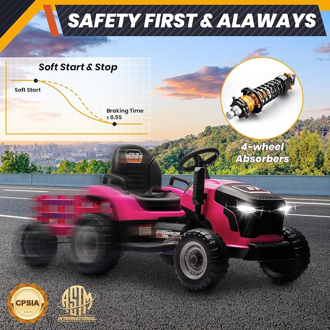 JOYRACER 24V Ride On Tractor for Kids, Electric Ride on Toys w/400W Motors, Tiltable & Detachable Trailer, Adjustable Seat, Bluetooth, Music, Remote Control Electric Tractor for Kids, Pink