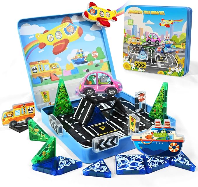 40PCS Mini Magnetic Tiles – City Road Building Blocks Set in Iron Case, Portable STEM Travel Toys for Toddlers, Quiet On-the-Go Activities & Preschool Learning for Kids
