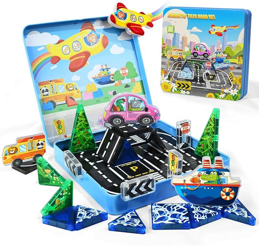 40PCS Mini Magnetic Tiles – City Road Building Blocks Set in Iron Case, Portable STEM Travel Toys for Toddlers, Quiet On-the-Go Activities & Preschool Learning for Kids