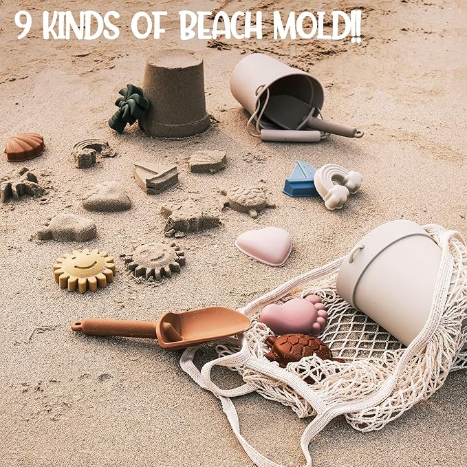 Hungdao 14 Pcs Silicone Beach Toys Travel Beach Set Sand Toys Include 2 Silicone Bucket Pail, 2 Shovel, 9 Sand Molds, 1 Beach Bag for Boys Girls Summer Pool Outdoor Bath Toys (Light Green, Beige)