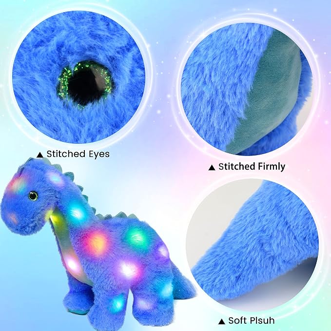 Hopearl LED Plush Dinosaur Light up Stuffed Diplodocus Animal with Long Neck Night Lights Glow in The Dark Birthday Gifts for Kids Toddler Girls, Blue, 16''