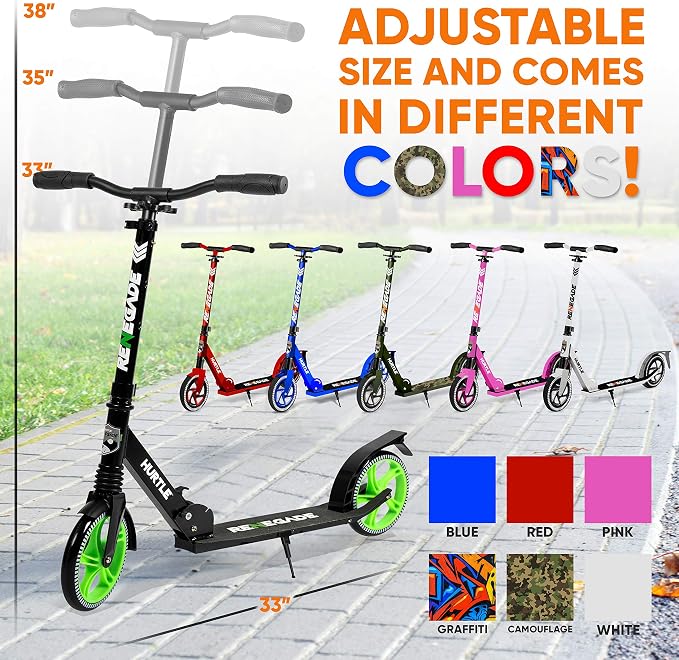 Hurtle Renegade Kick Scooter for Kids, Teenagers & Adults - 2-Wheel Folding Scooter with Adjustable T-Bar Handlebar - Alloy Anti-Slip Deck