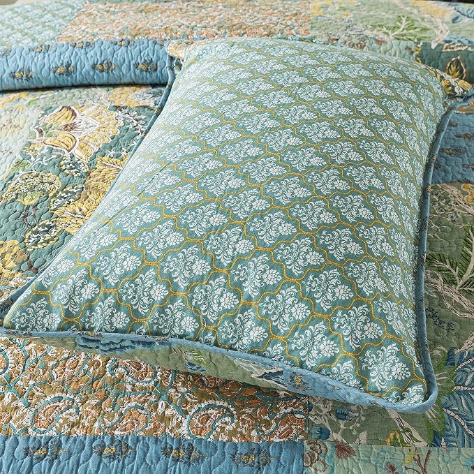NEWLAKE Cotton Patchwork Bedspread, 3-Piece Bedding Quilt Set with Real Stitched Embroidery, Reversible Matelasse Bed Coverlet Set,Green Farmhouse Garden,King Size