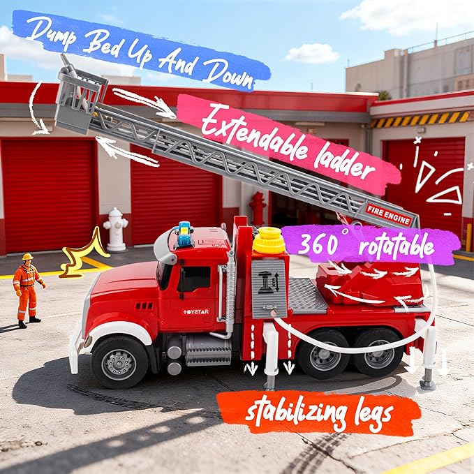 SMILESSKIDDO Fire Truck Toy - 1:12 Large Friction Powered Fire Rescue Truck with Water Pump, Extendable Ladder, Lights & Siren Sounds, Christmas Birthday Gift, Kids Toys for Age 3, 4, 5, 6, 7