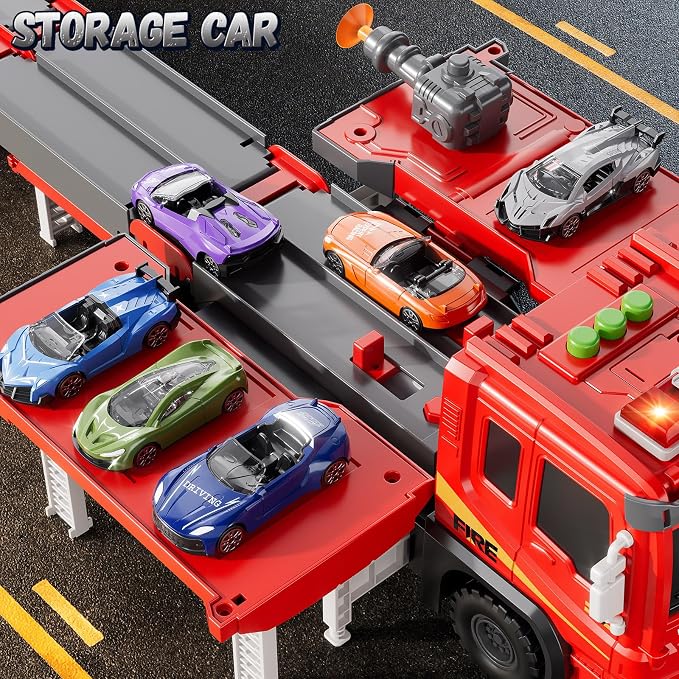 Fire Trucks Toys for Toddlers Ages 3-5, Folded Carrier Truck Race Track with with Lights & Sounds and 6 Racing Car Toys, Birthday Gift for 3 4 5 6 7 8 Years Old Boys Girls