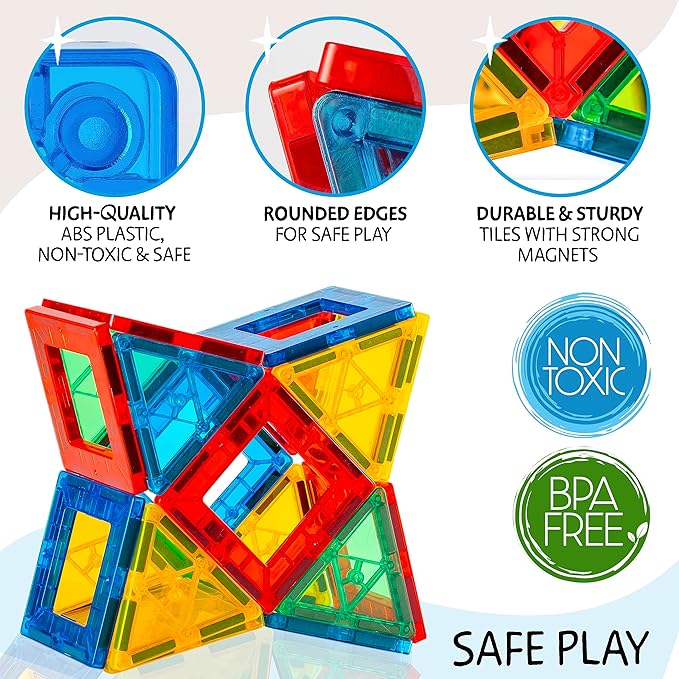 SUNNY AUNTIE Magnetic Tiles 180 PCS XL Set with Storage Bag – Magnetic Building Tiles for Kids Ages 3-8, STEM Magnet Construction Toy for Boys & Girls