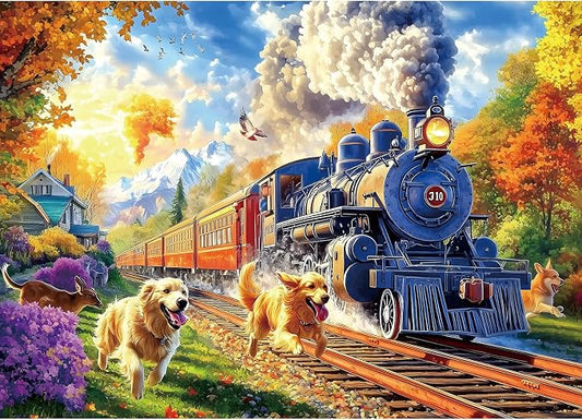 1000 Piece Puzzle for Adults, Vintage Steam Train with Golden Retrievers Dog Jigsaw Puzzles Fall Landscape for Adults Challenging Game, 27.5 x 19.7 Inches