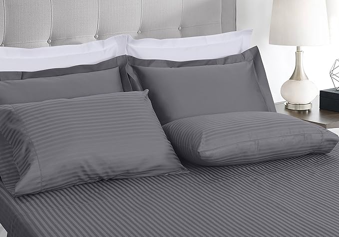 Threadmill 100% Cotton Sheets for Twin XL Size Bed - 600 Thread Count Twin XL Bed Sheets Set with 15” Deep Pocket - Damask Stripe Sateen Weave 3-Piece Bedding Set with Cooling Effect, Dark Grey