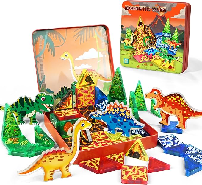 48pcs Mini Magnetic Tiles, Dinosaurs World Building Blocks Set in Iron Case, Portable STEM Travel Toys for Toddlers, Creative Dino World Construction Magnetic Toys for Kids
