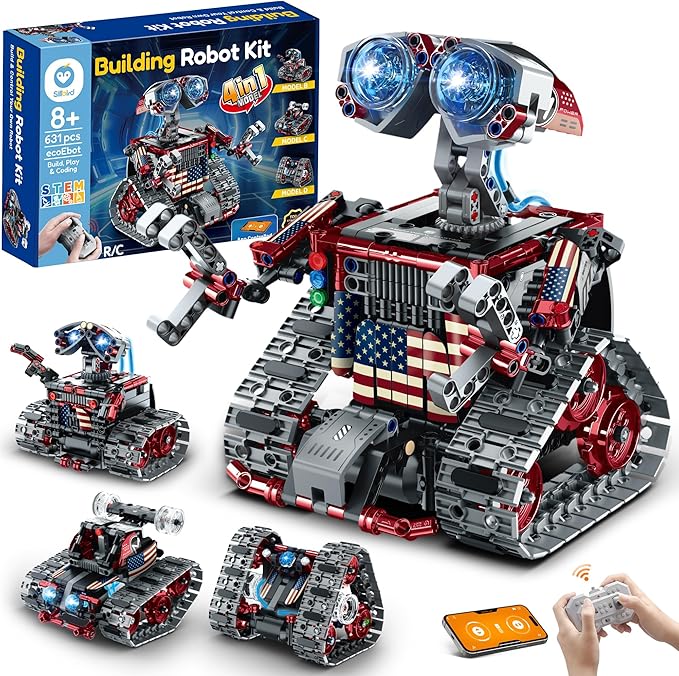 Sillbird Robot Building Kit with Remote Control Gifts for Kids Boys Ages 8-12, STEM Coding Robotic Tracked Racer Car Toys for Birthday - Build 4in1 Model with 631 Pieces