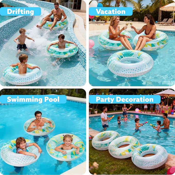 Inflatable Pool Floats with Glitters 32"(3 Pack), Pool Floaties Tubes for Swimming Kids Adults Beach Outdoor Party Supplies