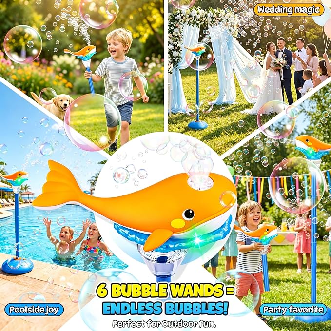 Standing Bubble Machine for Kids Outdoor, Whale Bubble Torch with Light Lamp Music, 47" Adjustable Height Automatic Bubble Blower Maker Fountain Tower, Stand Up Outside Bouncer Handheld Lanterns Toys