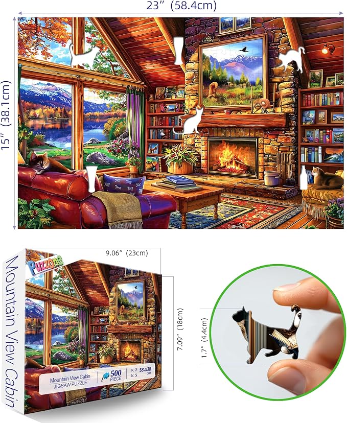 Cabin Living Room 500 Piece Jigsaw Puzzles for Adults Autumn Mountain Lake View Puzzle with Letters on Back Perfect for Game Night Scenic Landscape Puzzle Home Decor & Relaxing Gift- 23x15 Inch