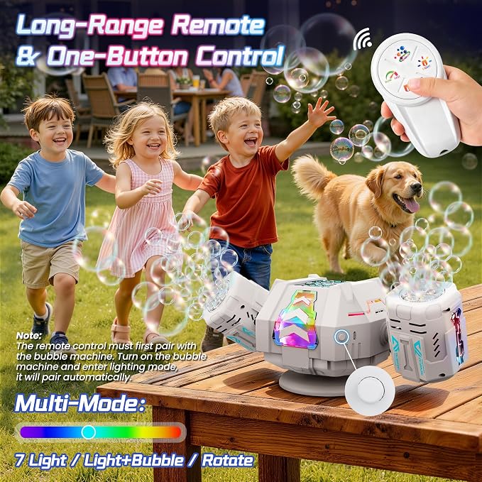 cossy Rechargeable Bubble Machine, 360° Automatic Rotation Bubble Machine for Kids, Bubble Maker with Remote Control, RGB Lights & 20000+ Bubbles Per Minute, Outdoor Toys Games for Kids/Adults (White)