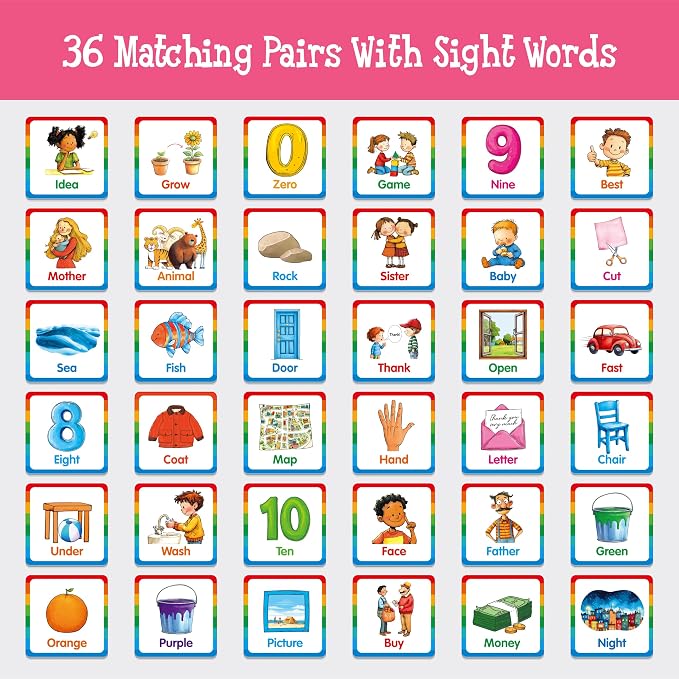 Memory Matching Game, 72 PCS Sight Words Matching Cards for Kids, 36 Pairs Memory Cards, Educational Toy for Children to Learn Sight Words 5+ Years Old
