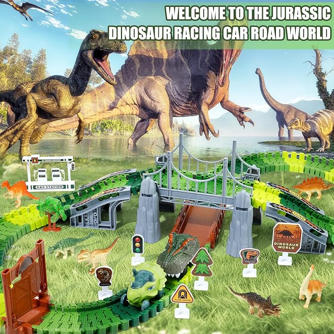 Dinosaur Toys, Dinosaur Race Track for Kids 3-5, Flexible Train Track Playset with Dinos & Cars, Toddler Toys for Ages 3 4 5 6 7 8 9 Year Old Boys Girls, Party Favor Birthday Gift