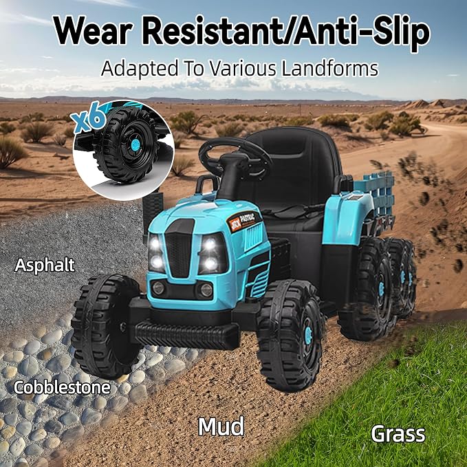 24V Ride on Tractor with Trailer, Electric Tractor Toy for Kids, 400W Toddler Ride On Toy W/Remote Control, Kid's Electric Car with 3 Speed Adjustable, MP3, Bluetooth, LED Light, Blue