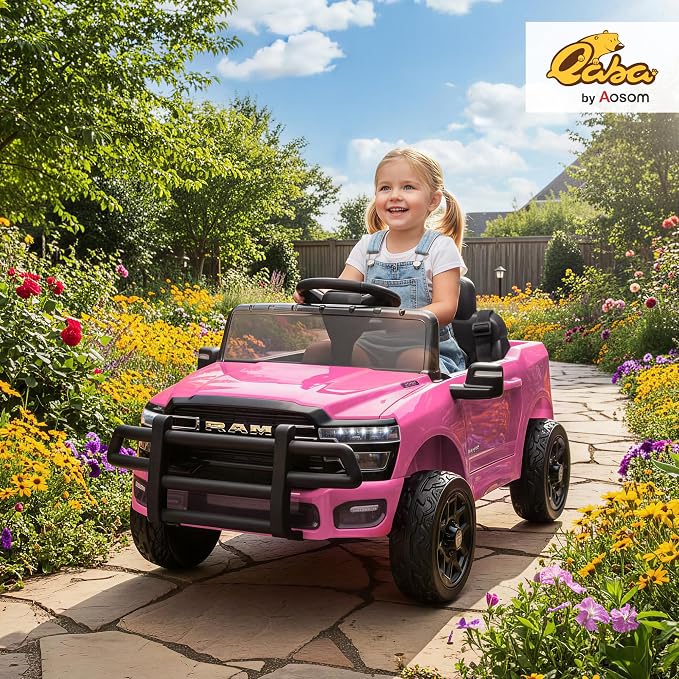 Qaba 12V Kids Ride on Car, Licensed Dodge RAM 3500 Electric Car for Kids with Dual Motors, Parent Remote Control, Rear Suspension, Power Display, Bluetooth Music and LED Lights, Pink