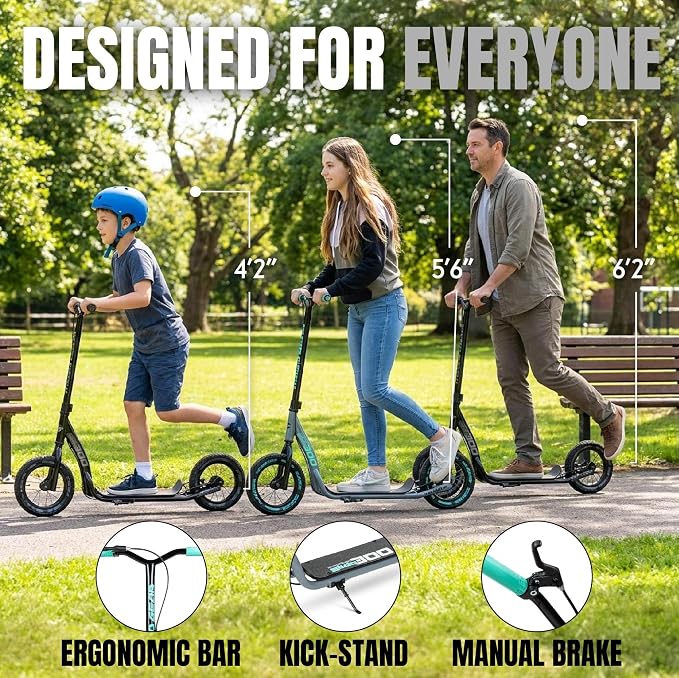 Large Kick Scooter for Adults, Teens & Kids 8-12 with Kickstand – 12" Air-Filled Tires, Wide Deck, Lightweight Steel Frame – Madd Gear Metro Urban Glide 300