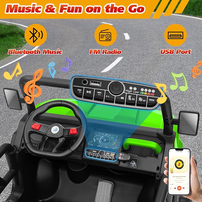 Joyracer 4WD 24 Volt Ride on Toys, 800W Ride on Truck for Kids, 2 Seater Power Car Wheels w/Dump Bed & Shovel, Ride on UTV w/Remote Control, Bluetooth, LED Lights,Green