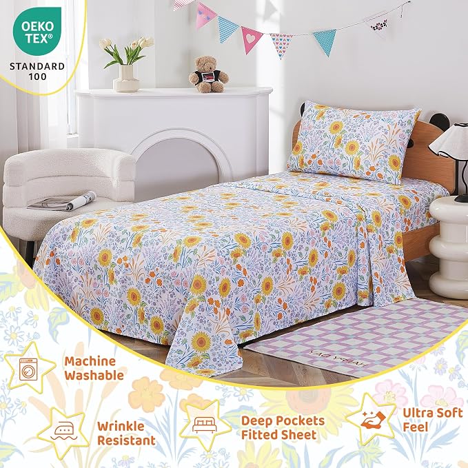 Viviland 3 Pieces Girls Floral Spring Twin Sheet Set - Soft Microfiber Fitted Flat Sheets & Pillowcase Bed Sheet Set - Summer Sunflower Print Bedding Sets for Kids