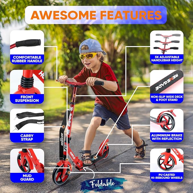 Compact Kick Scooter for Teens - Folding Stand Kick Scooters w/Adjustable Height, Alloy Anti-Slip Deck, 8” Wheels, Mud Guard Front Wheel, for Kids, Boys/Girls 8+-Year-Old - Hurtle HURTSBU (Red)