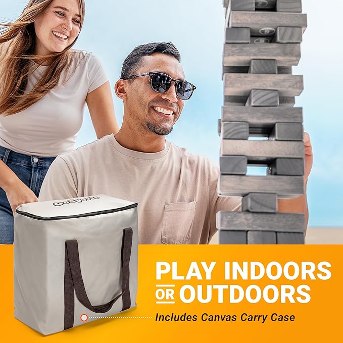 GoSports Giant Wooden Outdoor Stacking Game – Stacks Up to 3 ft – Large Toppling Tower with Case for Yard Games, Family Game Night, Camping, and Parties