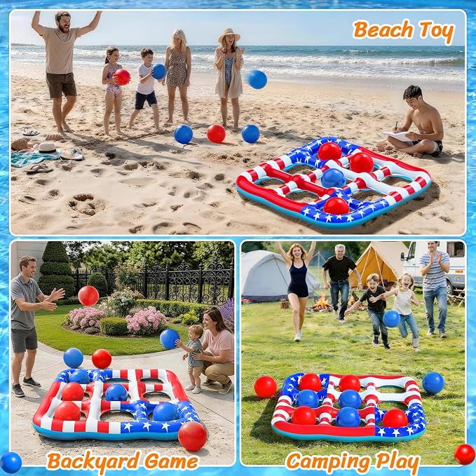 Pool Toys Games for Kids - Inflatable Outdoor Water Toys for Adults and Family Giant US Flag Floating Board Swimming Pool Game Float with 10 Balls Outdoor Beach Toy for Adults Teens Kids