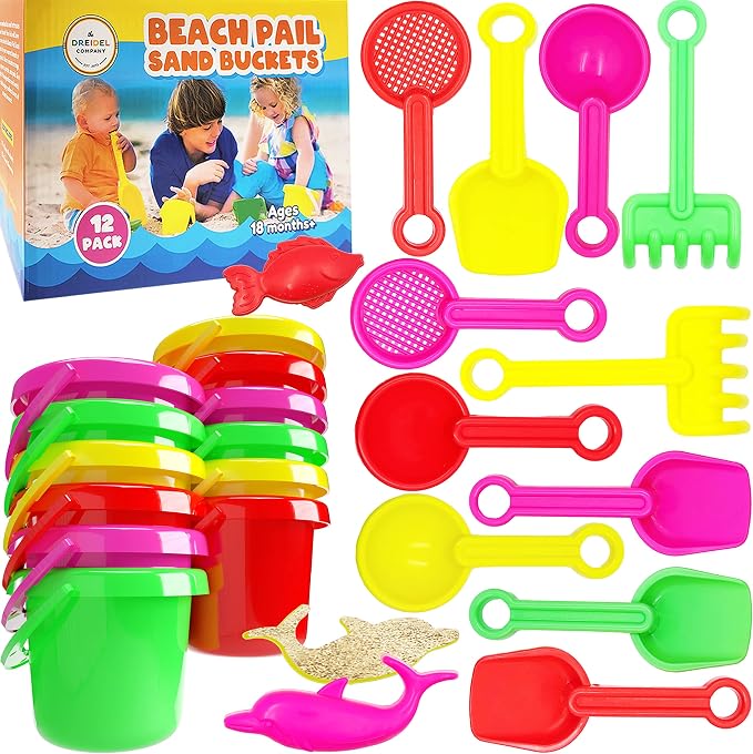The Dreidel Company 12-Pack Mini Beach Day Playsets 3.25" Sand Bucket Play Set Box Includes, Pail, Shovel, Rake, Sifter Scoop, Dolphin Fish Sand Trays Toy for Boys and Girls Birthday Party Favor