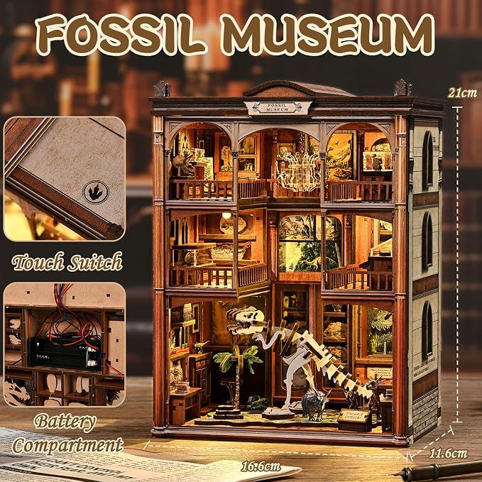 ISSEVE Book Nook Kits for Adults, DIY Booknook Kit Miniature Dollhouse Book Nooks, 3D Wooden Puzzle Model Building Creative Bookshelf Home Decoration Adult Crafts Kits Gift (Dinosaur Fossil Museum)