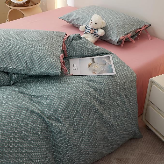 LifeTB Vintage Green Floral Comforter Set Twin XL, 3 Pieces Aesthetic Pink Flowers Comforter with 2 Bowknot Pillowcases, Cottagecore Floral Bedding Set Farmhouse Botanical Comforter for All Seasons