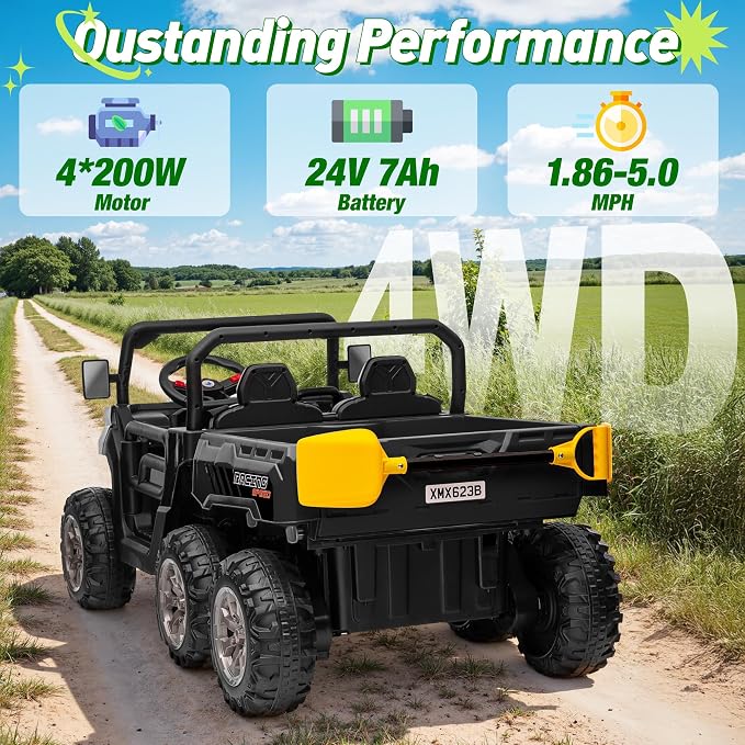 24V Ride On Dump Truck Car for Big Kids 2 Seater XL, 4WD 6-Wheels Battery Powered Ride On Toy with Remote Control, 800W Powerful Motors, Dump Bed & Shovel, Electric UTV for Boys Girls