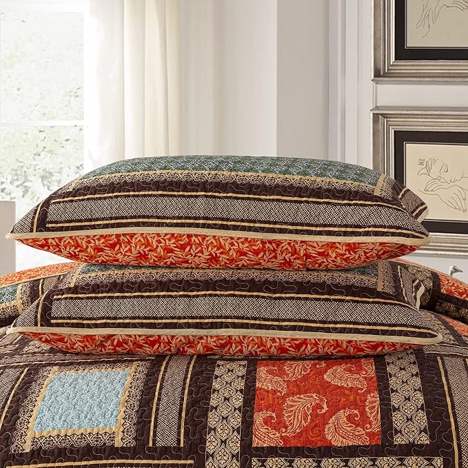 NEWLAKE Cotton Patchwork Bedspread, 3-Piece Bedding Quilt Set with Real Stitched Embroidery, Reversible Matelasse Bed Coverlet Set,Bohemian Farmhouse,King Size