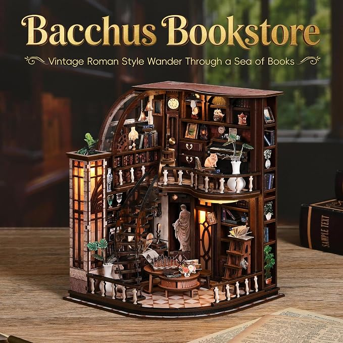 POP JOY DIY Book Nook Kit with Motion Sensor LED Light, Miniature Library Bookshelf Insert, 3D Wooden Puzzle Bookend Craft Kit Dollhouse for Adults Teens, Creative Gift for Book Lovers DIY Enthusiasts