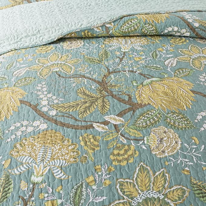 NEWLAKE Bedspread Quilt Sets-Reversible Patchwork Coverlet Set, Green Floral Pattern, King Size