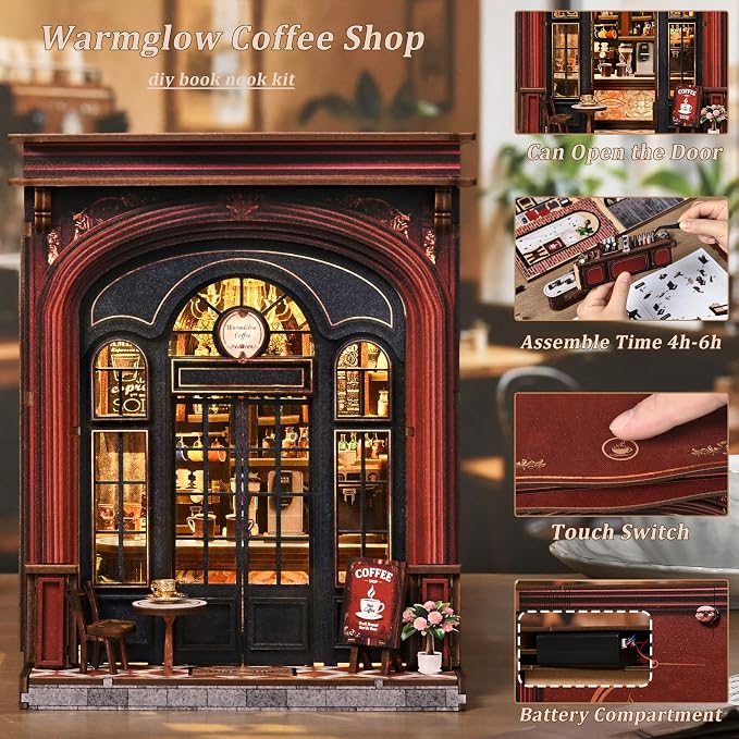 ISSEVE Coffee Shop Book Nook Kit for Adults with LED Light, Bookshelf Decor | DIY Miniature Dollhouse, Book Ends Decor, Gifts for Book Lovers Women Family Friends, Holiday Gift, 3D Wooden Puzzle