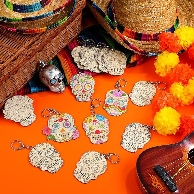 Trnayi 36 Pcs Day of The Dead Unfinished Wooden Keychains for Kids Color Your Own Unfinished Wooden Crafts Blank Wood Painting DIY Crafts for Home Activities Arts Project Decoration