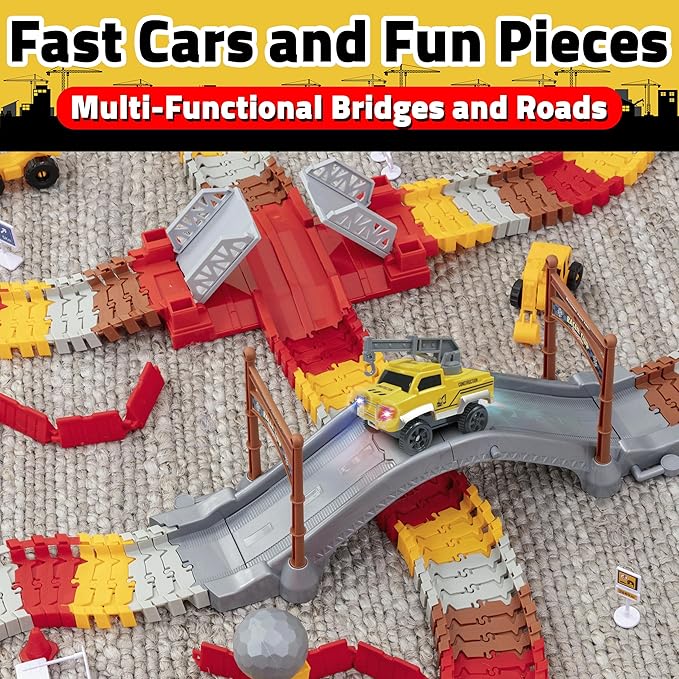 USA Toyz Snap Trax Construction Set Race Tracks for Kids and 2 LED Toy Cars- 251 Pk STEM Building Toys Bendable Race Car Track for Boys Girls, 3 Construction Trucks, Crane, Bridges, 2 Light-Up Trucks