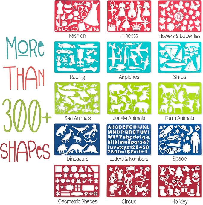 Kipipol 63 Pcs Drawing Stencils for Kids Ages 4-8 - 8-12 and Up - Arts and Crafts for Girls and Boys - Kids Drawing kit - Arts Set- 15 Art Stencils, 260+ Designs -Scratch Art- Creativity Gifts & Toys