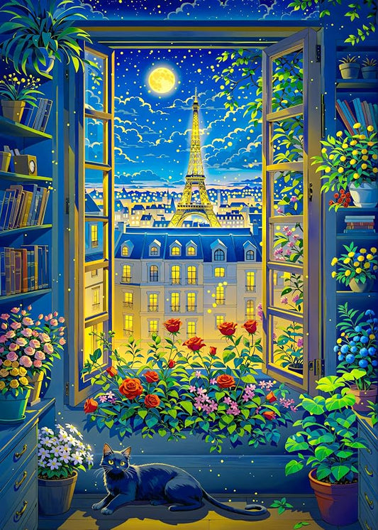 Cat in Paris. TUMBAUMBA, Puzzles for Adults 1000 Pieces, Detailed Art Puzzle, Mate Finish Jigsaw Puzzles, Poster Included, Challenging Atmospheric France Puzzles, Cozy Evening Paris Scene