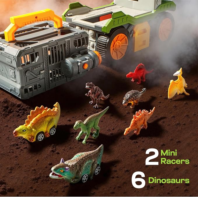 Vroomix JOVA Dinosaur Toys for Kids 3-5, Dinosaur Carrier Truck with 2 Pcs Cars and 6 Pcs Figures for Toddlers, T.Rex Truck with Launcher and Darts, Birthday Gifts Toys for 3 4 5+ Year Old Boy