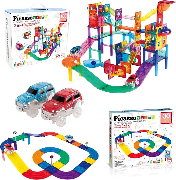 PicassoTiles 108PC Marble Run + 30PC Magnetic Race Car Track Fun & Creative Playset: STEAM Learning, Enhance Construction Skills, Hand-Eye Coordination and Fine Motor Skills, Gift for Boys and Girls