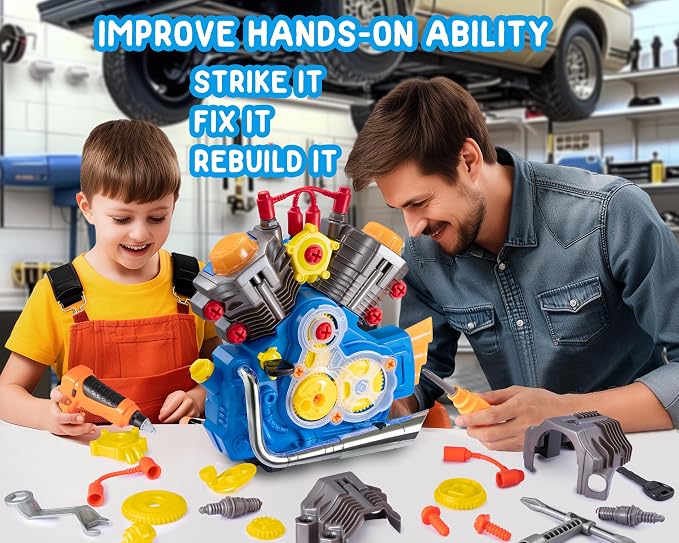 POFJOEQ Engine Building Kit, Kids Mechanic Repair Set for Kids Motorcycle Engine，Take Apart Toys-42pc Playset，STEM Engine Model Kit Toy with Cool Lights&Sounds，Educational Toys for 3+ Year Old (Blue)