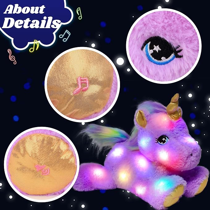 Glowing LED Light-up Purple Unicorn Nightlight Toys Musical Plush Stuffed Animal Singing Lullabies Birthday Christmas Plushies Gifts for Kids Boys Girls,13"