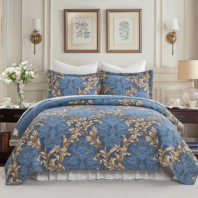 100% Cotton Classic Damask Reversible King Size Quilt Set, Blue and Brown | Elegant Floral Pattern, King Quilt with Shams, Lightweight, Scrollwork, 3 Piece Bedspread Set, All Season, 106"x98"