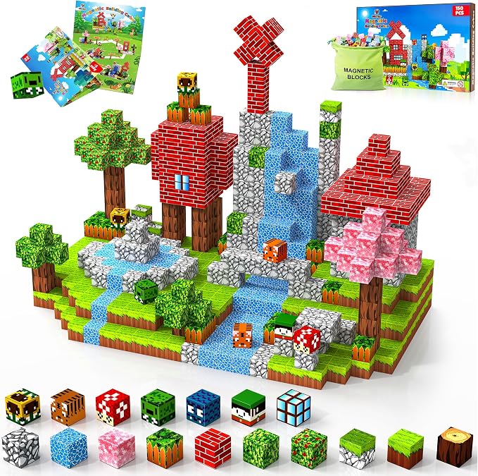150PCS Magnetic Blocks, Magnetic Building Blocks, Magnet Blocks Cubes, STEM Educational Stacking Magnet Toy for Kids Ages 3 4 5 6 7 8 9 10 11 12, Birthday Gifts for Boys, Girls - Forest World