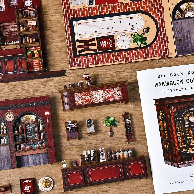 DIY Book Nook Kit, 3D Wooden Puzzle Miniature House with LED Light, Dollhouse Bookshelf Insert, Tiny House Model Building Kit, Unique Creative Gift for Adults and Teens (Warmglow Coffee)