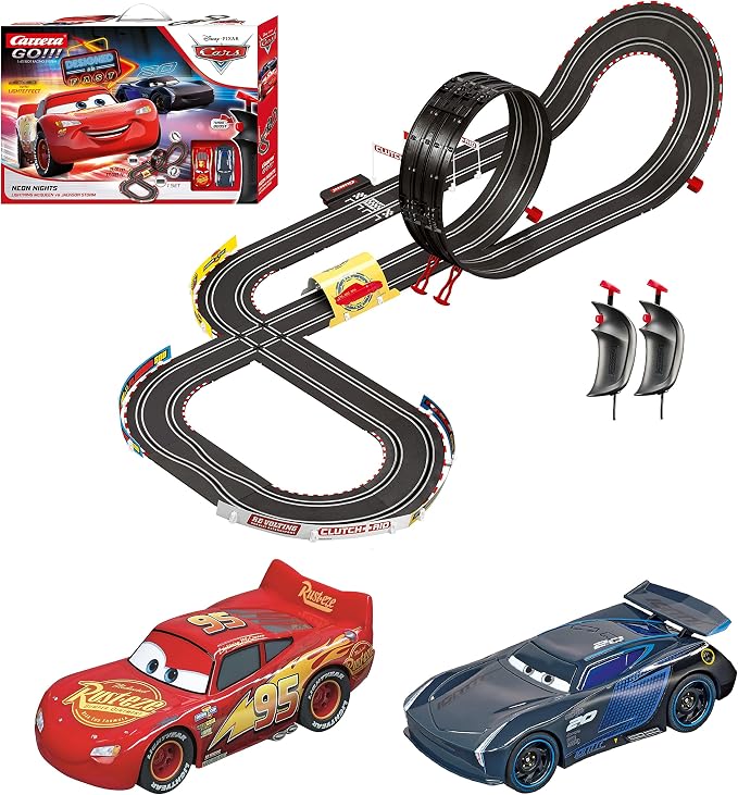 Carrera GO Cars Slot Car Race Track Set – Lightning McQueen Neon Nights | Electric slot car track, Lightning McQueen toy for kids 6+, includes McQueen & Storm cars, Neon Nights theme, easy setup