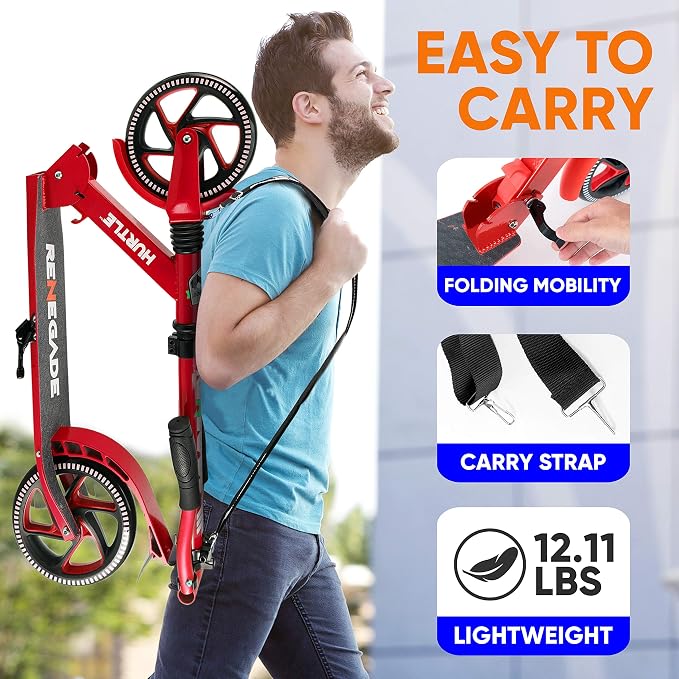 Compact Kick Scooter for Teens - Folding Stand Kick Scooters w/Adjustable Height, Alloy Anti-Slip Deck, 8” Wheels, Mud Guard Front Wheel, for Kids, Boys/Girls 8+-Year-Old - Hurtle HURTSBU (Red)