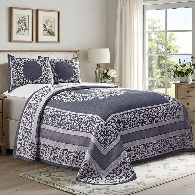 Superior Cotton Blend Bedspread Set, Includes 1 Tailored Bedspread and 2 Matching Pillow Shams, Lightweight Blanket, Bedding Decor, Jacquard Vintage Floral Mandala, Lyron Collection, King, Denim Blue